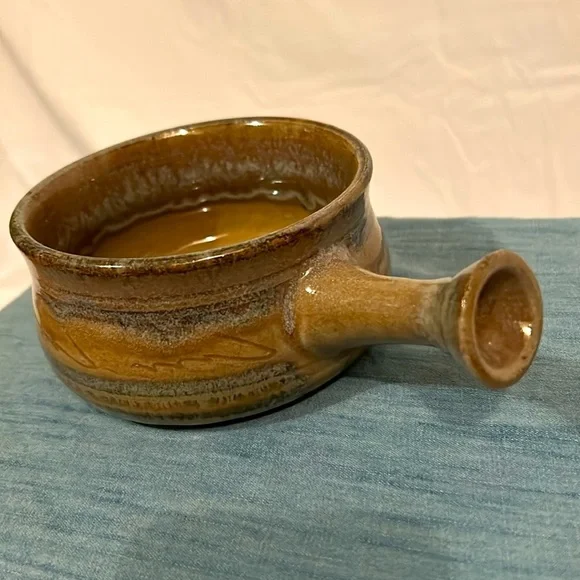 Pottery Soup Stew Bowl with Flared Handle Small Brown & Blue Hand Built Art - Picture 4 of 8